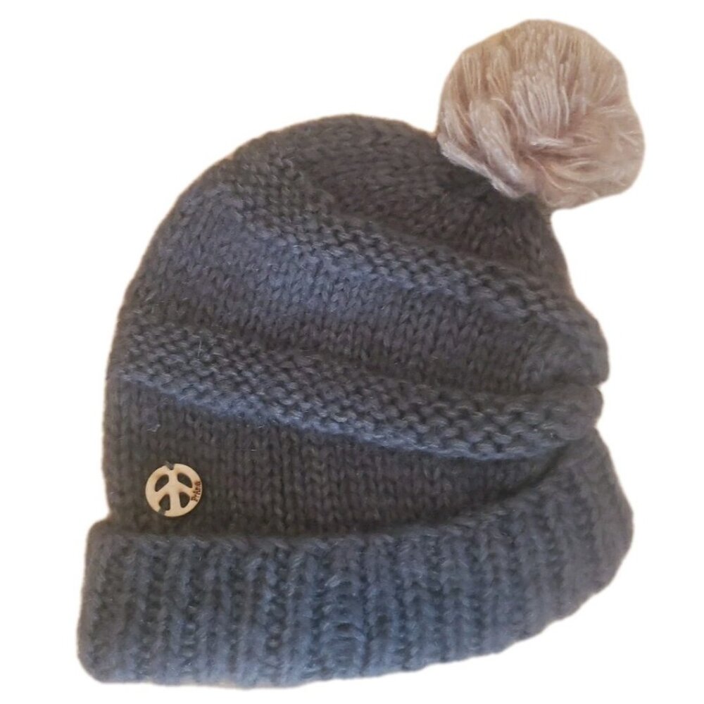 Prana Beanie Hat Wool Pom Pom Ski Winter Snow Snowboard Peace Sign Boho Green